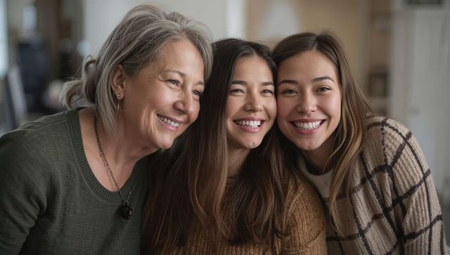 Multigenerational women smiling together in cozy living room