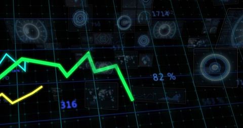 Neon HUD Financial Dashboard Displaying Fluctuating Line Graph, Telemetry Data, Futuristic