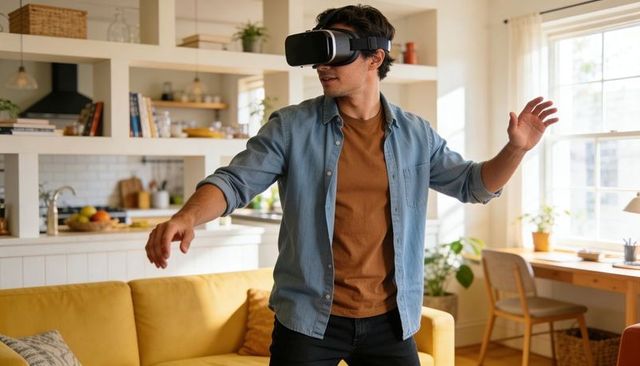 Young man exploring virtual reality in modern living room wearing vr headset and gesturing