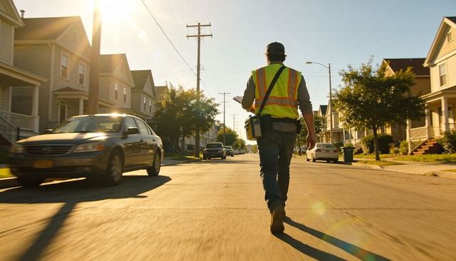 Field technician walking down sunlit suburban street wearing high-visibility safety vest
