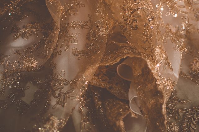 Detailed closeup showcasing elegant gold embroidery on sheer fabric. Ideal for backgrounds in luxury advertisements, wedding invitations, fashion catalogs, textile industry promotions, and decorative design blogs.