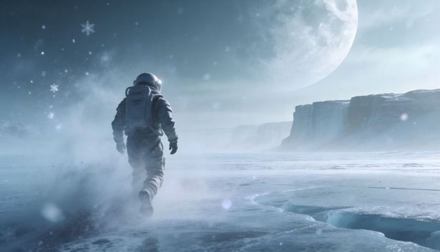 Astronaut walking across frozen expanse toward moonlit cliffs