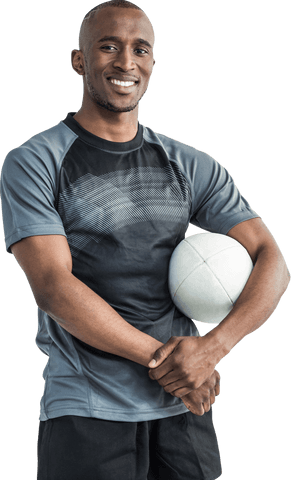 Transparent Confident Athlete Holding Rugby Ball Smiling