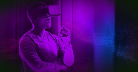 African american man using vr headset in abstract digital space