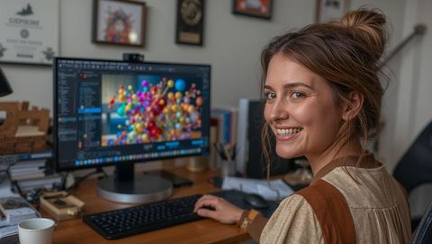 Smiling woman editing vibrant 3d render on monitor in cozy home studio workspace