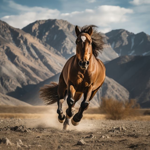 Brown horse galloping in field on sunny day, created using generative ai technology. Horse, animal, nature, freedom and movement concept digitally generated image.