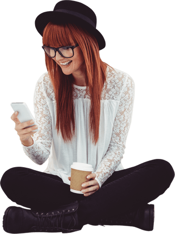 Relaxed Hipster Woman Sitting Cross-legged with Smartphone Transparent Background