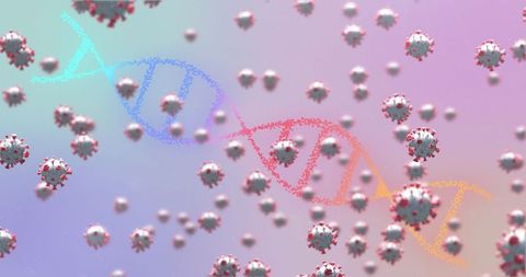 Sars-cov-2 virus and dna helix in digital biotech concept