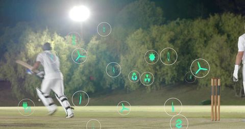 Night cricket batsman sprinting under floodlights with ar analytics overlay