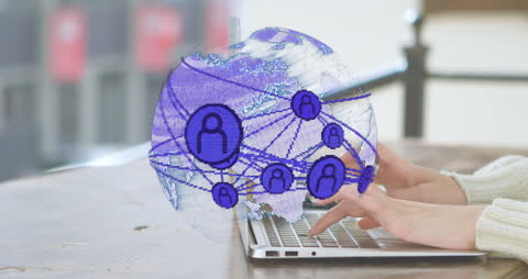 Global Network Communication with Typing Hands and Icon Overlay