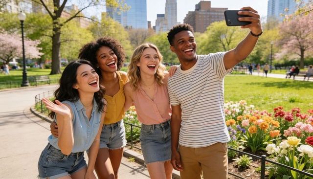 Laughing diverse young adults taking selfie in spring park with tulips and city skyline