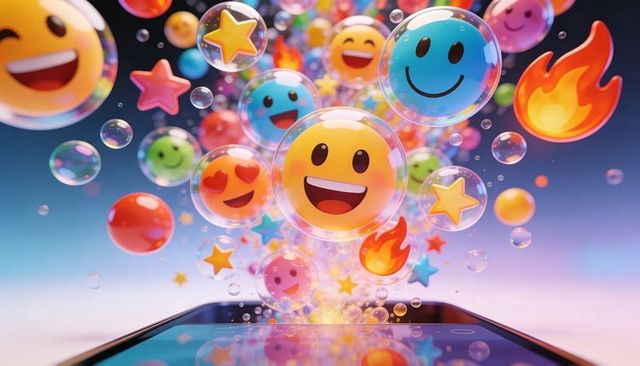 Bursting emoji bubbles rising from smartphone screen with stars, flames and glossy orbs