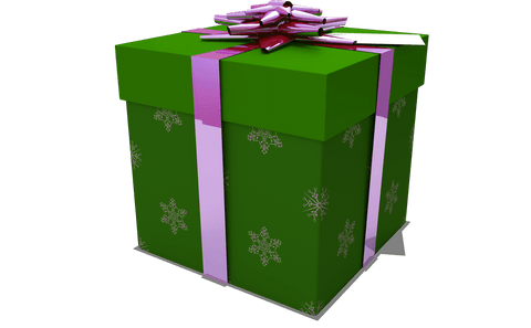 Transparent green christmas gift box with purple bow and snowflakes