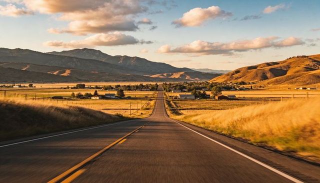 Endless country road stretching through golden valley toward mountain foothills