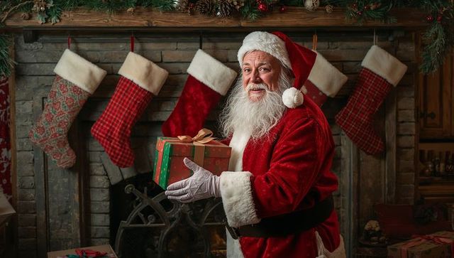 Santa Claus Standing by Cozy Fireplace Holding Christmas Gift