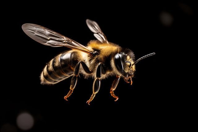 Close up of bee hovering on black background, created using generative ai technology. Insects, nature and wildlife concept digitally generated image.