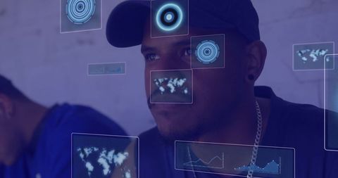 Man Analyzing Data with Digital Interface Overlays