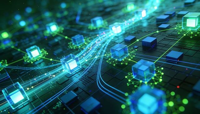Neon blockchain network with glowing cubes and flowing data traces on circuit grid