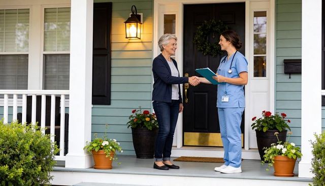 Homecare nurse greeting homeowner on front porch shaking hands with clipboard stethoscope