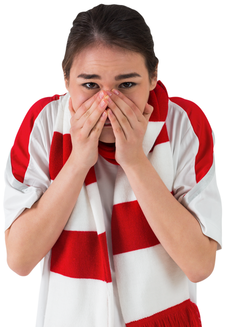 Nervous Football Fan Wearing Striped Scarf and Team Shirt on Transparent Background - Download Free Stock Videos Pikwizard.com