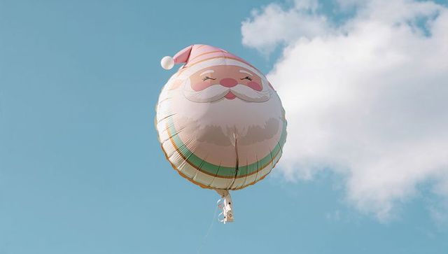 Floating round santa balloon drifting across pale blue sky with soft cloud and thin tether ribbon