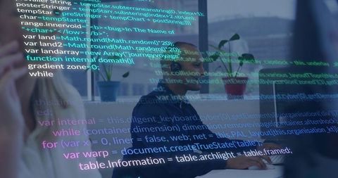 Developer Typing in Team Meeting with Floating Code Overlay in Modern Office Space