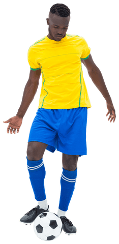 African american footballer kicking soccer ball on transparent background