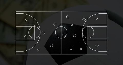 Full-court basketball tactical diagram overlay on geometric dark pentagon for strategy