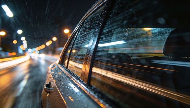 Rain-splashed car door and window reflecting urban light trails at night, motion blur