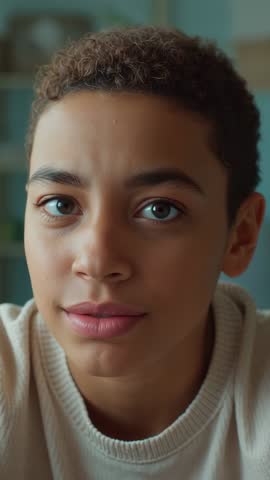 Vertical video female speaker delivering candid message from home office, intimate portrait