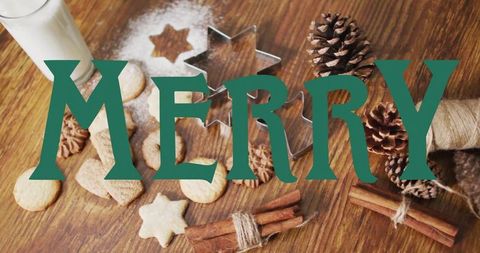 Merry overlay decorating rustic holiday baking flatlay with cookies, cinnamon, pinecones