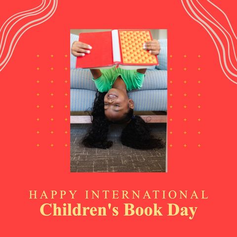 smiling girl reading upside down for international children's book day - Download Free Stock Templates Pikwizard.com