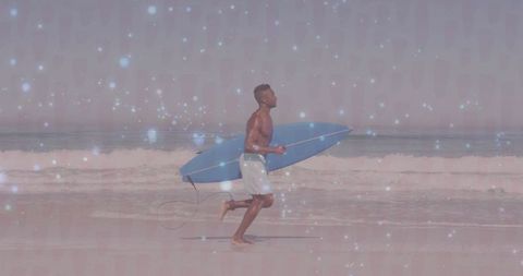 Running Surfer with Blue Surfboard Ready for Ocean Adventure