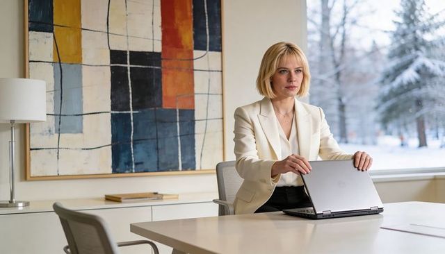 Executive woman closing laptop at conference table in modern minimalist office