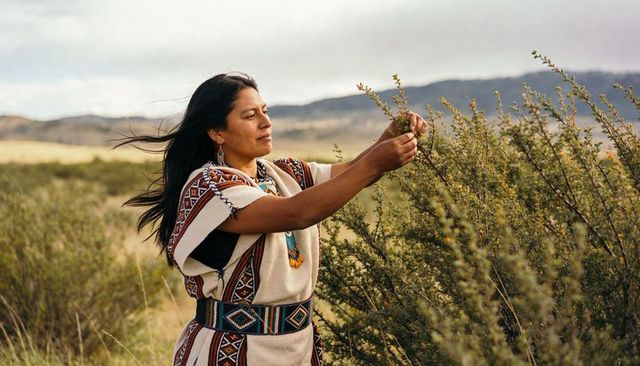Indigenous woman harvesting medicinal shrub in windswept grassland wearing woven tunic and beadwork
