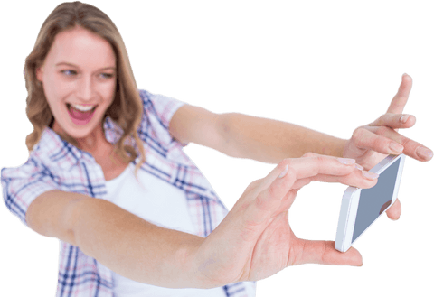 Energetic woman using smartphone for fun selfie on transparent background