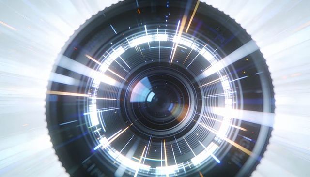 Glowing camera lens radiating light streaks with futuristic hud rings and concentric optics