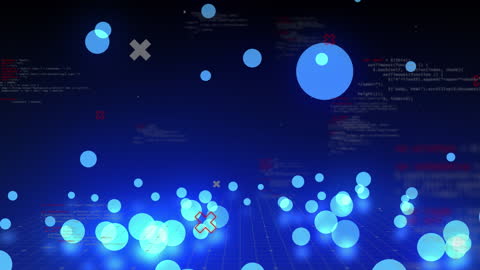 Digital Data Processing with Plus Signs and Floating Blue Dots