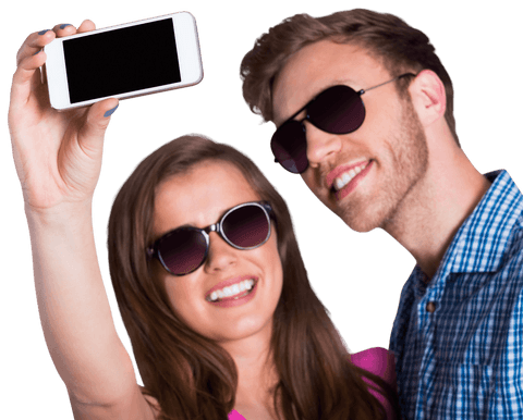 Happy Couple In Sunglasses Taking Transparent Selfie