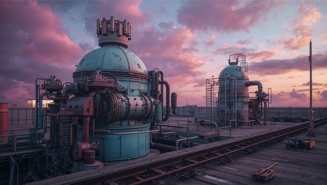 Industrial Reactor Vessels on Elevated Rooftop at Sunset