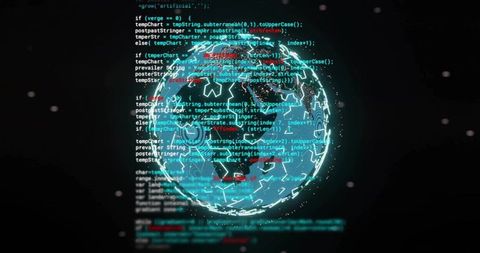 Glowing Holographic Digital Globe Rotating with Hex Mesh, Code Overlay and Network Nodes