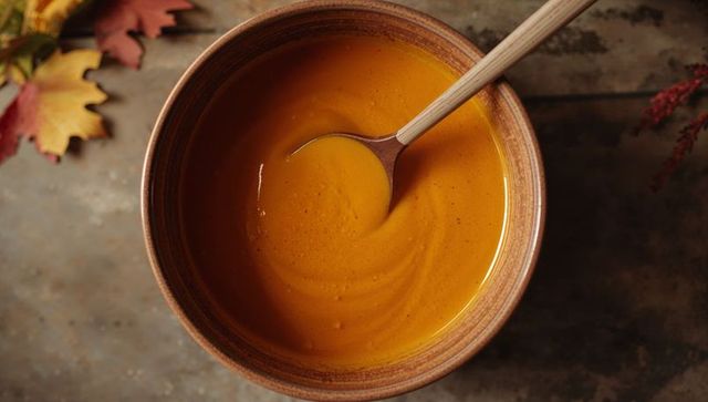 Creamy Butternut Soup Stirring with Wooden Spoon Overhead Rustic Autumn Flatlay