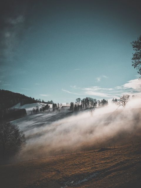 Scenic Misty Countryside Landscape with Hills and Trees - Download Free Stock Images Pikwizard.com