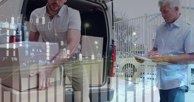 A male worker loads packages into a van under his boss's supervision against a backdrop of data. - Download Free Stock Photos Pikwizard.com