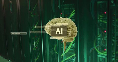 Golden brain ai hologram hovering in data center with neural interface and chat overlays