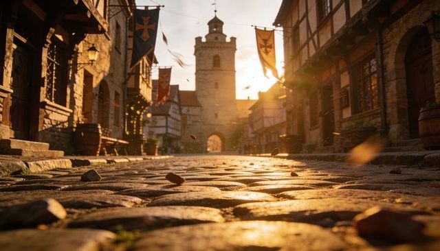 Sunlit Cobblestone Street Leading to Medieval Tower Gate with Timbered Houses and Banners