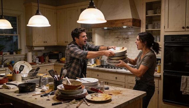 Couple arguing and grabbing dirty plates over cluttered kitchen island under warm lighting