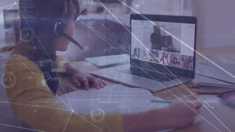 Asian Student Attending Virtual Class with Networking Graphics