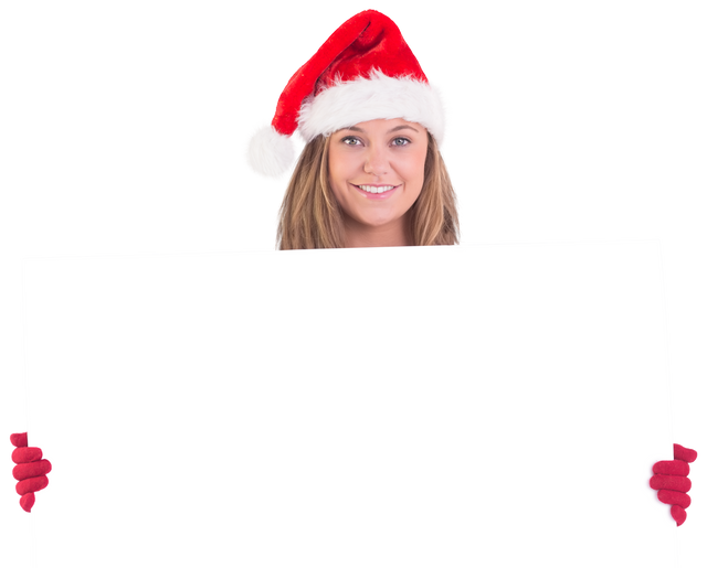 Smiling Woman with Santa Hat Holding Blank Transparent Banner - Download Free Stock Videos Pikwizard.com