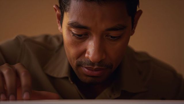 Focused man examining electronic device on table edge in warm intimate closeup portrait